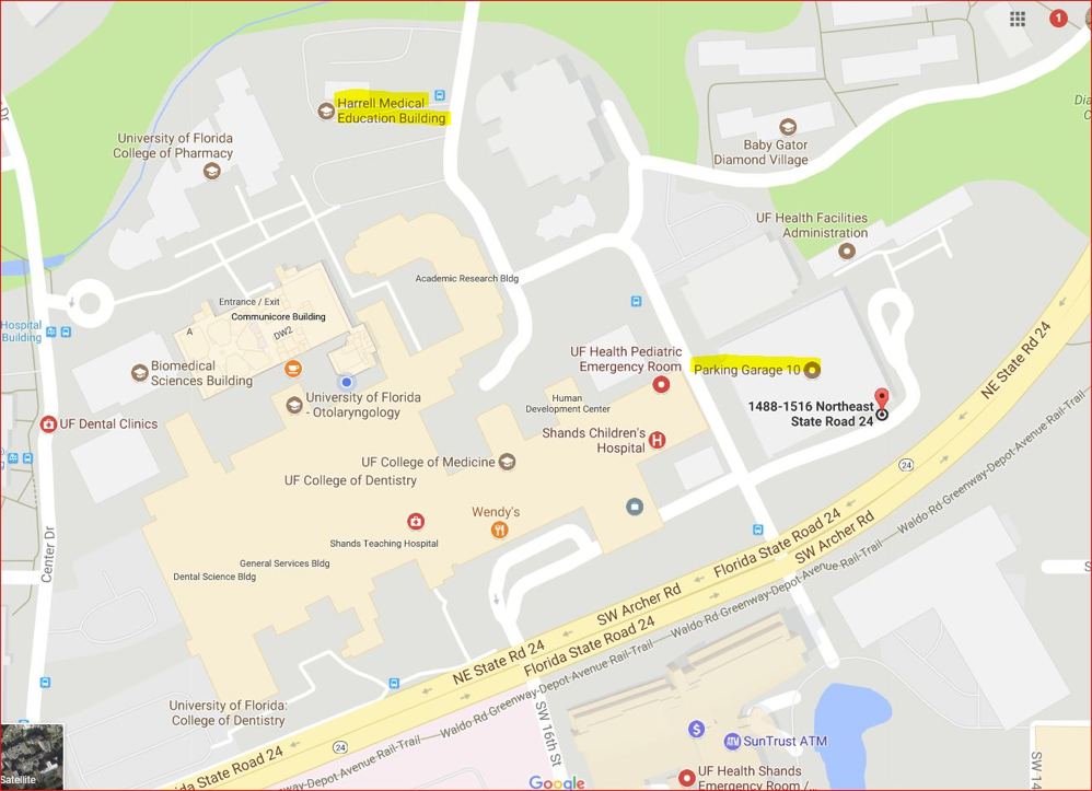 Map of UF Health campus with parking highlighted
